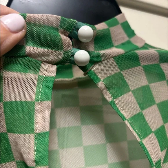 Pretty Little Thing green Checkerboard Print Mesh High Neck Bodysuit Size 6 - Picture 6 of 10